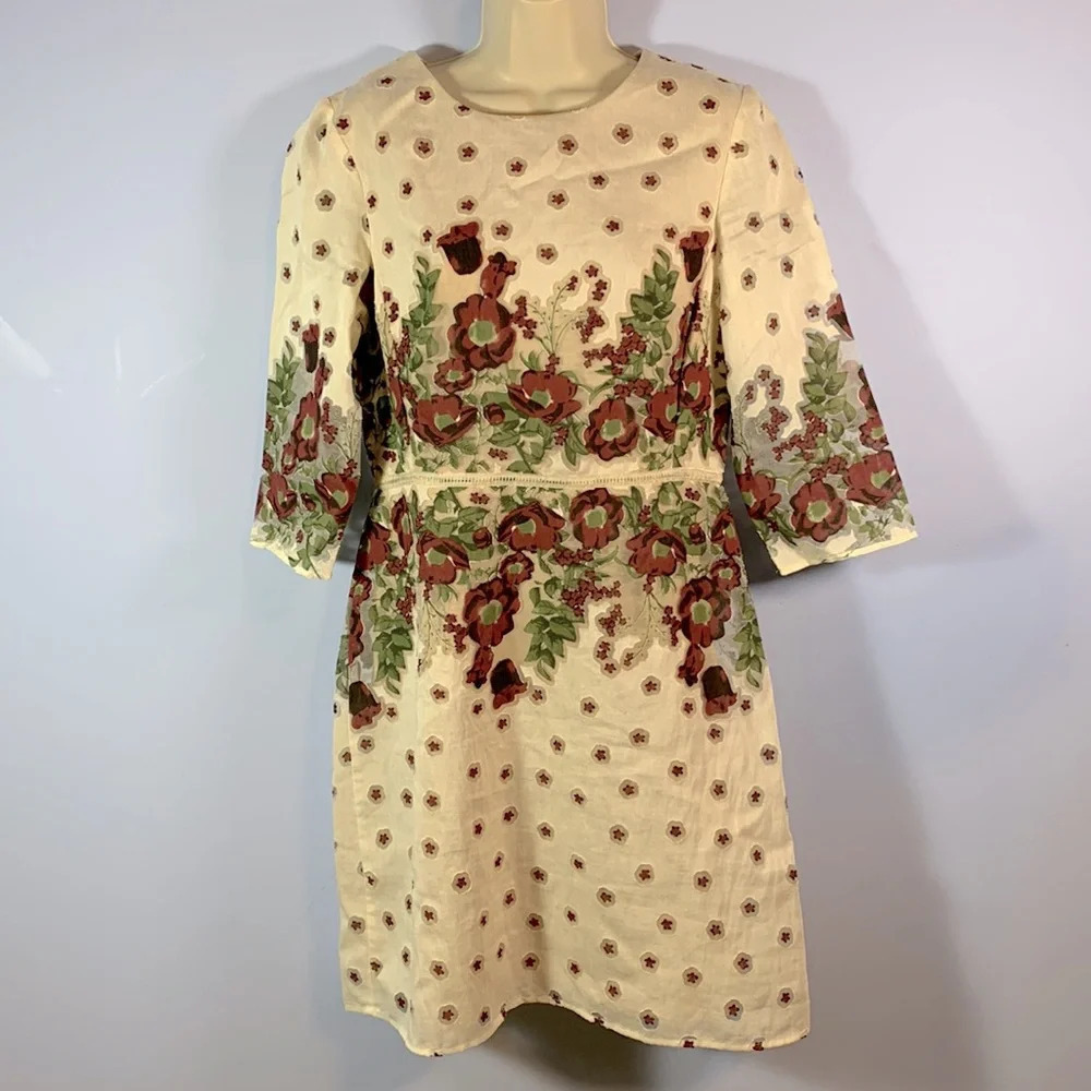 Gabby skye cream burgundy green floral 3/4 sleeve size 8 Christmas holiday dress